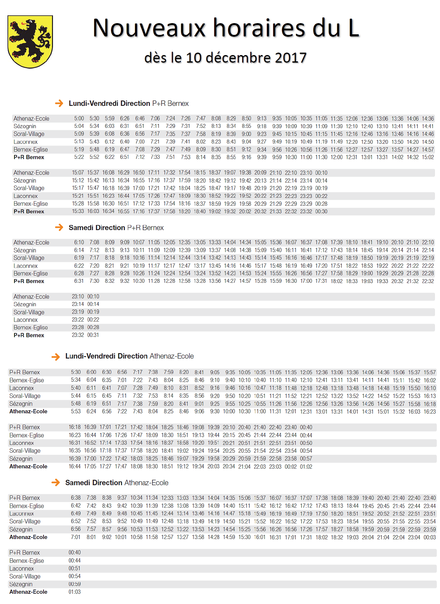 horaires du L 2018